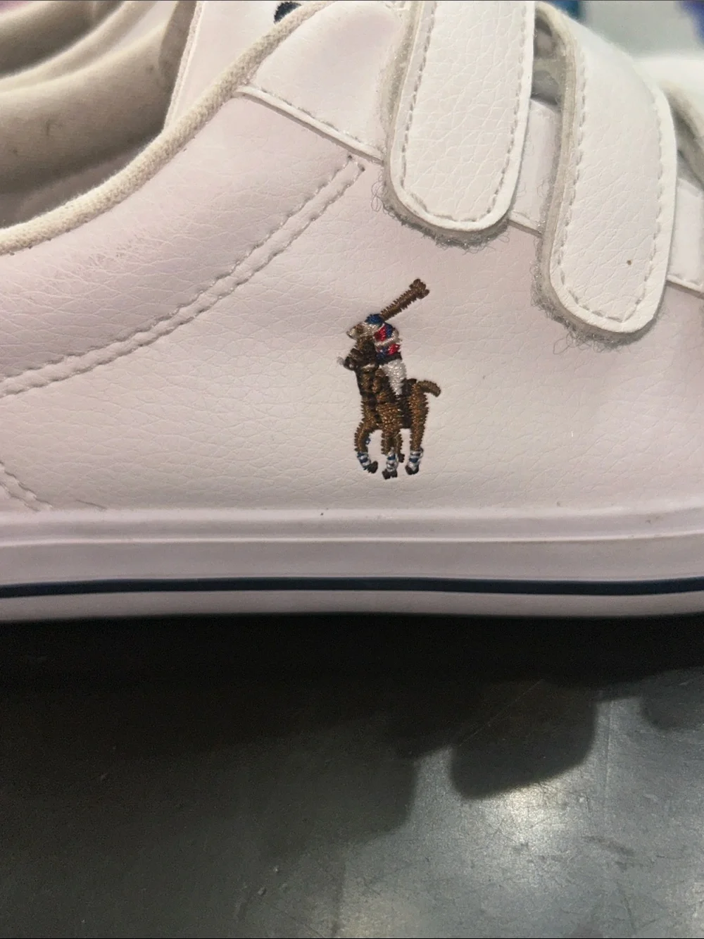 Polo by Ralph Lauren White Kids Velcro Sneakers with Navy Trim